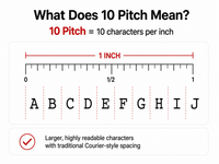 10 pitch typewriter spacing graphic showing 10 characters per inch with ABCDEFGHIJ across a one-inch guide