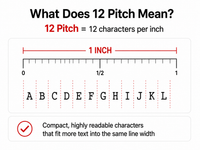 12 pitch typewriter spacing graphic showing 12 characters per inch with ABCDEFGHIJKL across a one-inch guide