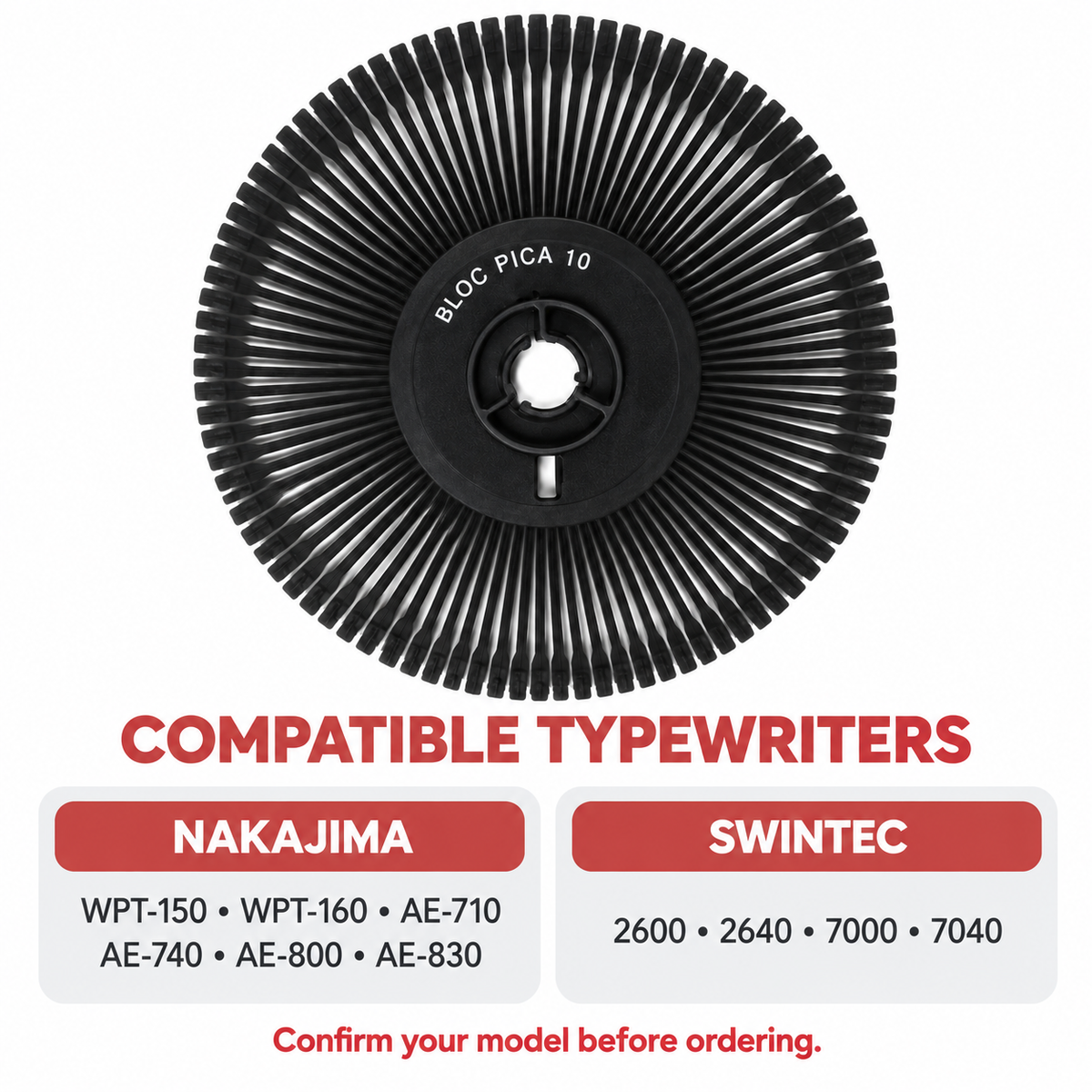 Bloc Pica 10 compatibility guide listing supported Nakajima and Swintec electronic typewriter models