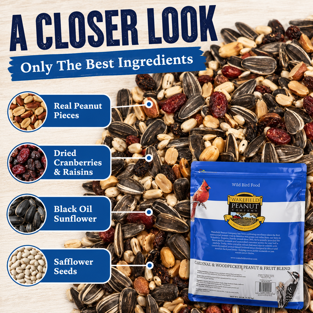 Wakefield wild bird seed with peanut pieces, dried cranberries, raisins, sunflower and safflower seeds