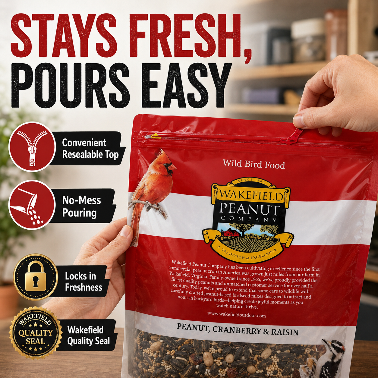 Resealable Wakefield 10 lb wild bird seed bag designed for easy pouring and convenient storage