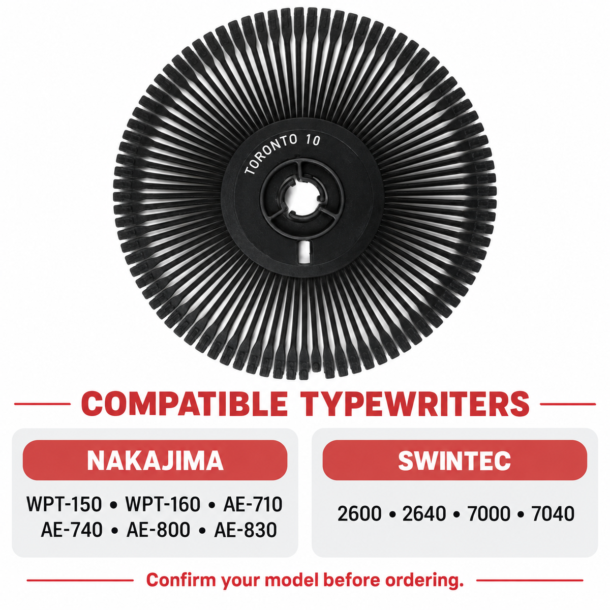 Toronto 10 printwheel compatibility guide listing supported Nakajima and Swintec typewriter models