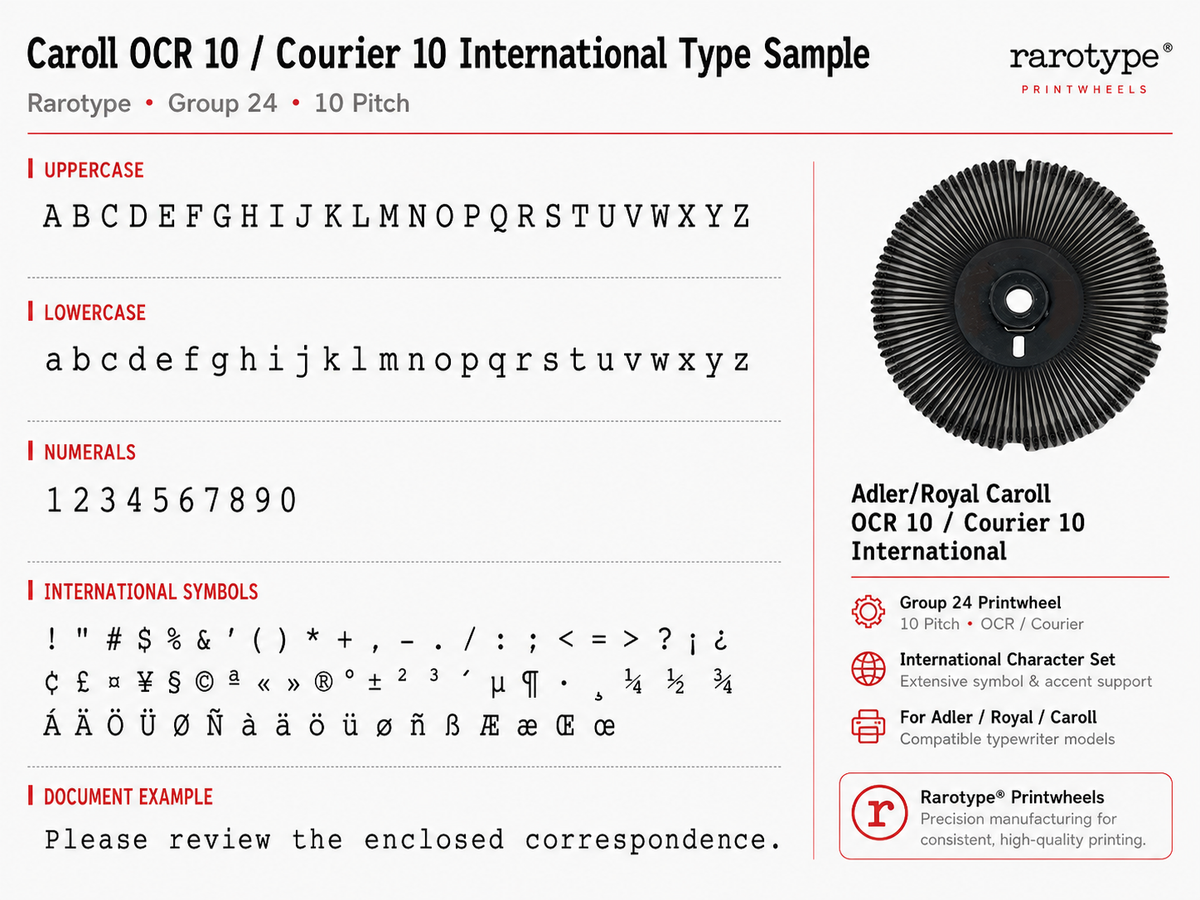 Caroll OCR 10 Courier 10 International type sample showing uppercase, lowercase, numerals, international symbols, and document text