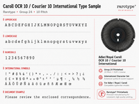 Caroll OCR 10 Courier 10 International type sample showing uppercase, lowercase, numerals, international symbols, and document text