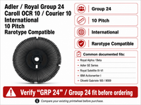 Adler Royal Group 24 printwheel compatibility graphic showing Caroll OCR 10 Courier 10, 10 pitch, international layout, and documented fits
