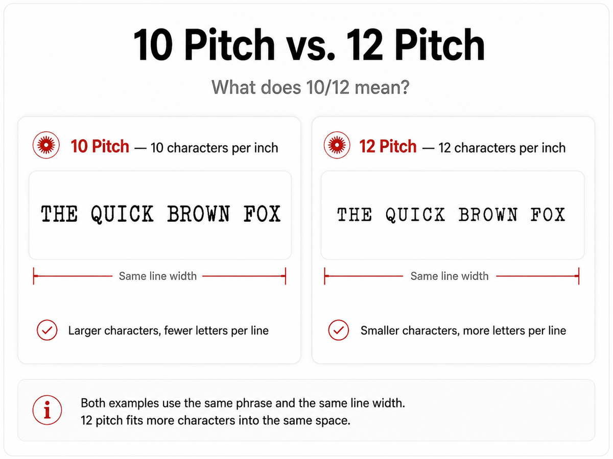 10 pitch versus 12 pitch comparison showing character size and how many characters fit within the same line width