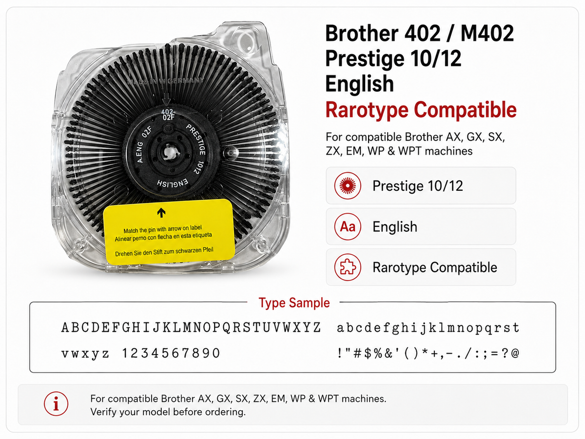 Brother 402 M402 Prestige 10/12 compatibility graphic for English Rarotype daisywheel and compatible Brother machines