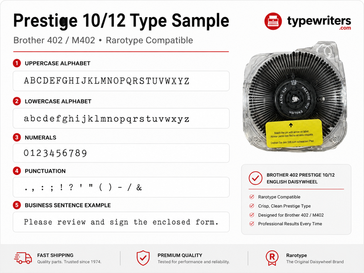 Brother 402 Prestige 10/12 type sample showing uppercase, lowercase, numerals, punctuation, and a business sentence