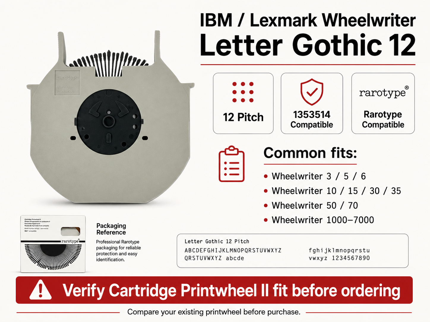 IBM Lexmark Wheelwriter Letter Gothic 12 compatibility guide showing 12 pitch, IBM 1353514 cross-reference, and common Wheelwriter models