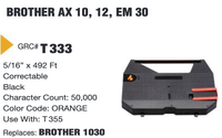 Legacy GRC T333 ribbon reference graphic showing Brother AX 10, AX 12, EM 30 compatibility and Brother 1030 cross-reference
