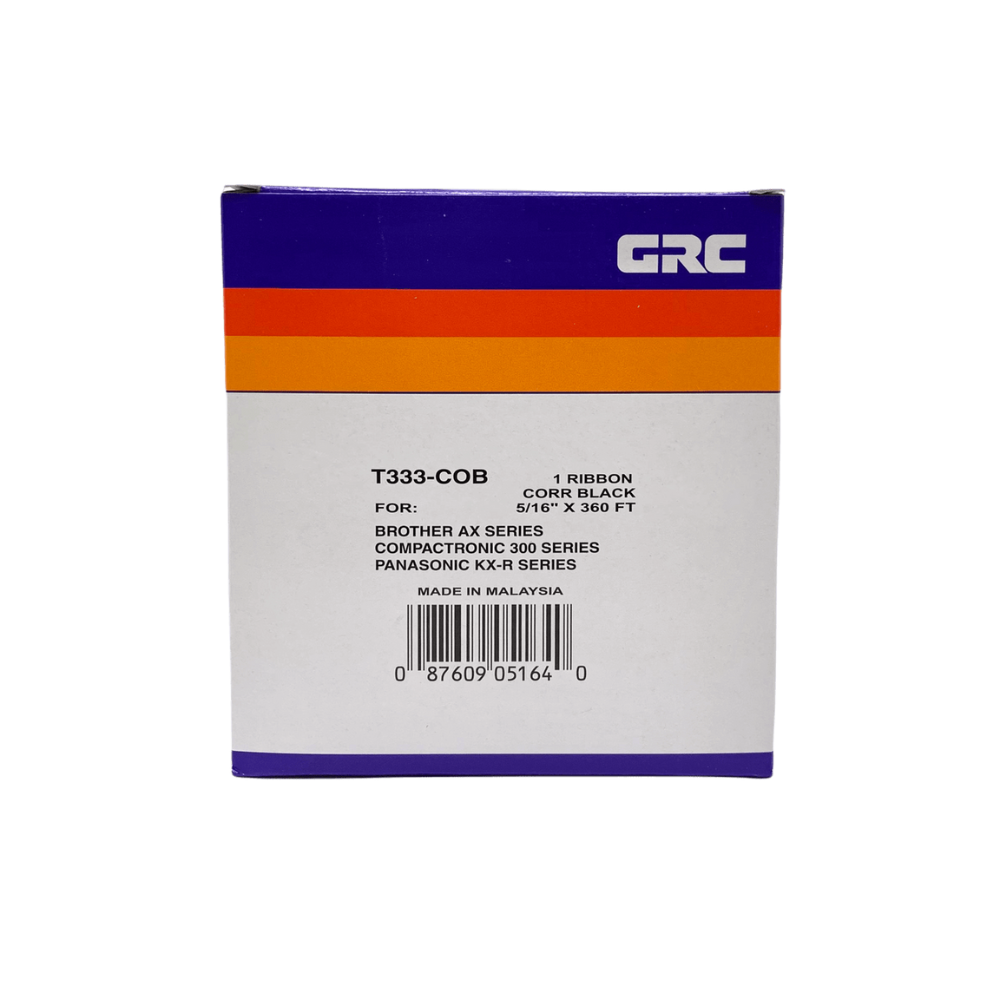 GRC T333-COB black correctable typewriter ribbon package labeled for Brother AX, Compactronic 300, and Panasonic KX-R series