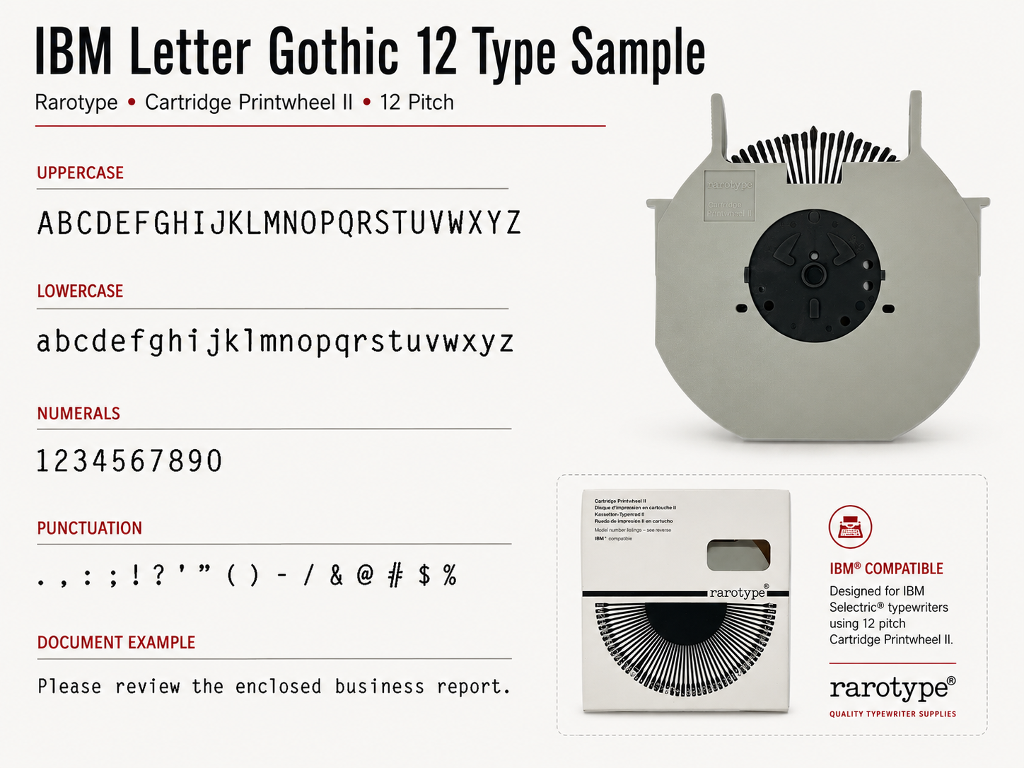IBM Letter Gothic 12 printwheel type sample showing uppercase, lowercase, numerals, punctuation, and business text at 12 pitch