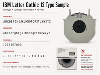 IBM Letter Gothic 12 printwheel type sample showing uppercase, lowercase, numerals, punctuation, and business text at 12 pitch