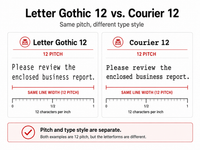Letter Gothic 12 versus Courier 12 typewriter font comparison showing the same sentence at identical 12-pitch spacing