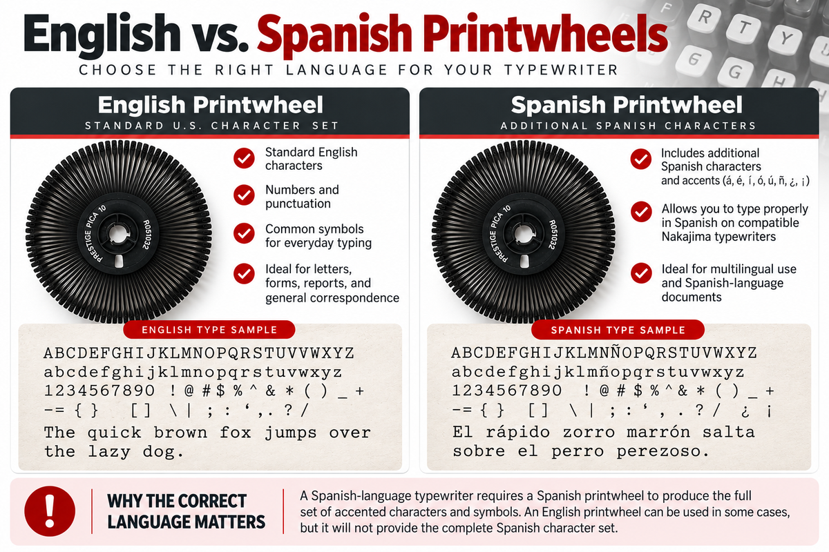 English versus Spanish Nakajima typewriter printwheel guide explaining language compatibility, accented characters, and keyboard differences