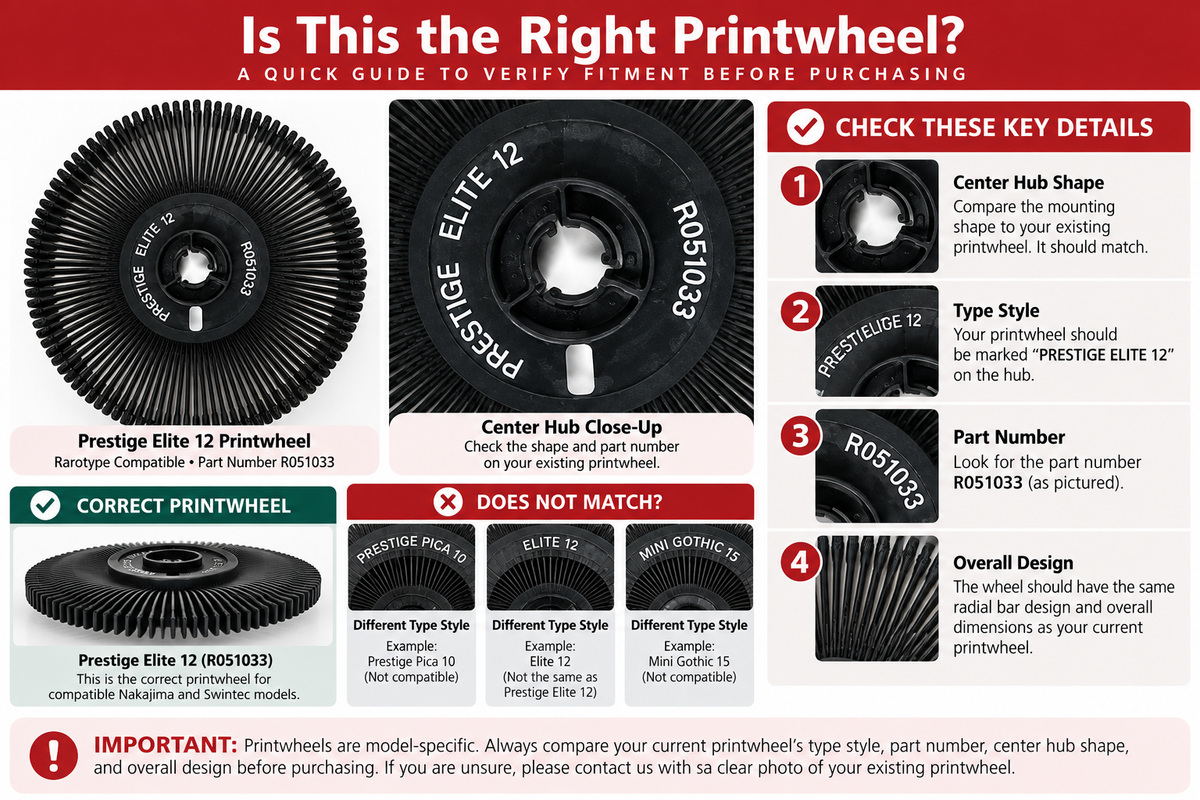 Nakajima Prestige Elite 12 R051033 printwheel identification guide showing the center hub, part number, radial design, and fitment checks