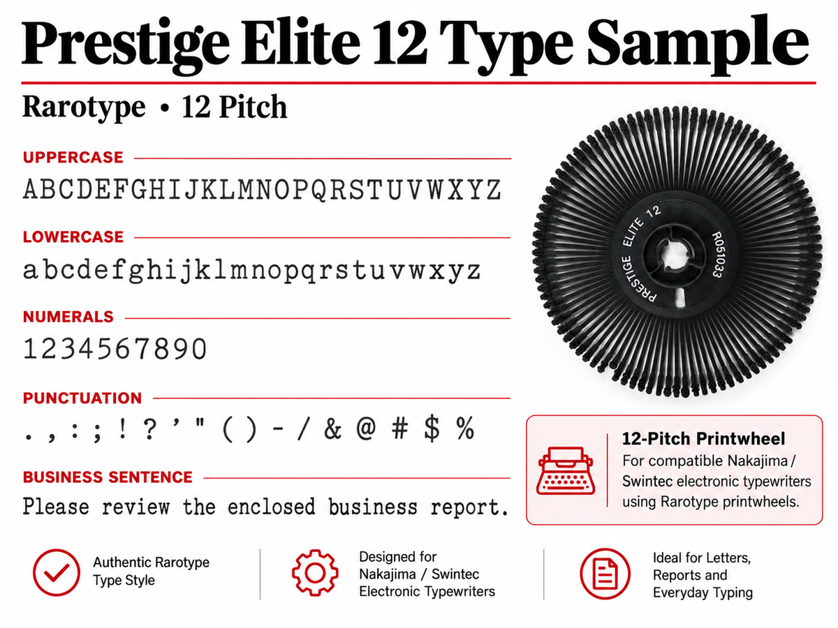 Rarotype Nakajima Prestige Elite 12 printwheel type sample showing uppercase letters, lowercase letters, numbers, punctuation, and a business sentence