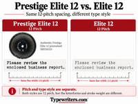 Prestige Elite 12 versus standard Elite 12 typewriter font comparison illustrating differences in character appearance and stroke weight at 12 pitch
