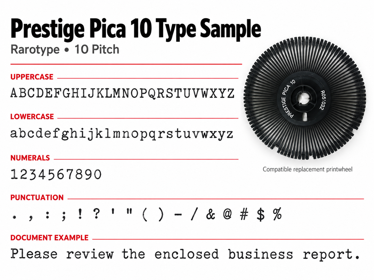 Nakajima Prestige Pica 10 printwheel type sample illustrating uppercase letters, lowercase letters, numbers, punctuation, and 10-pitch typing