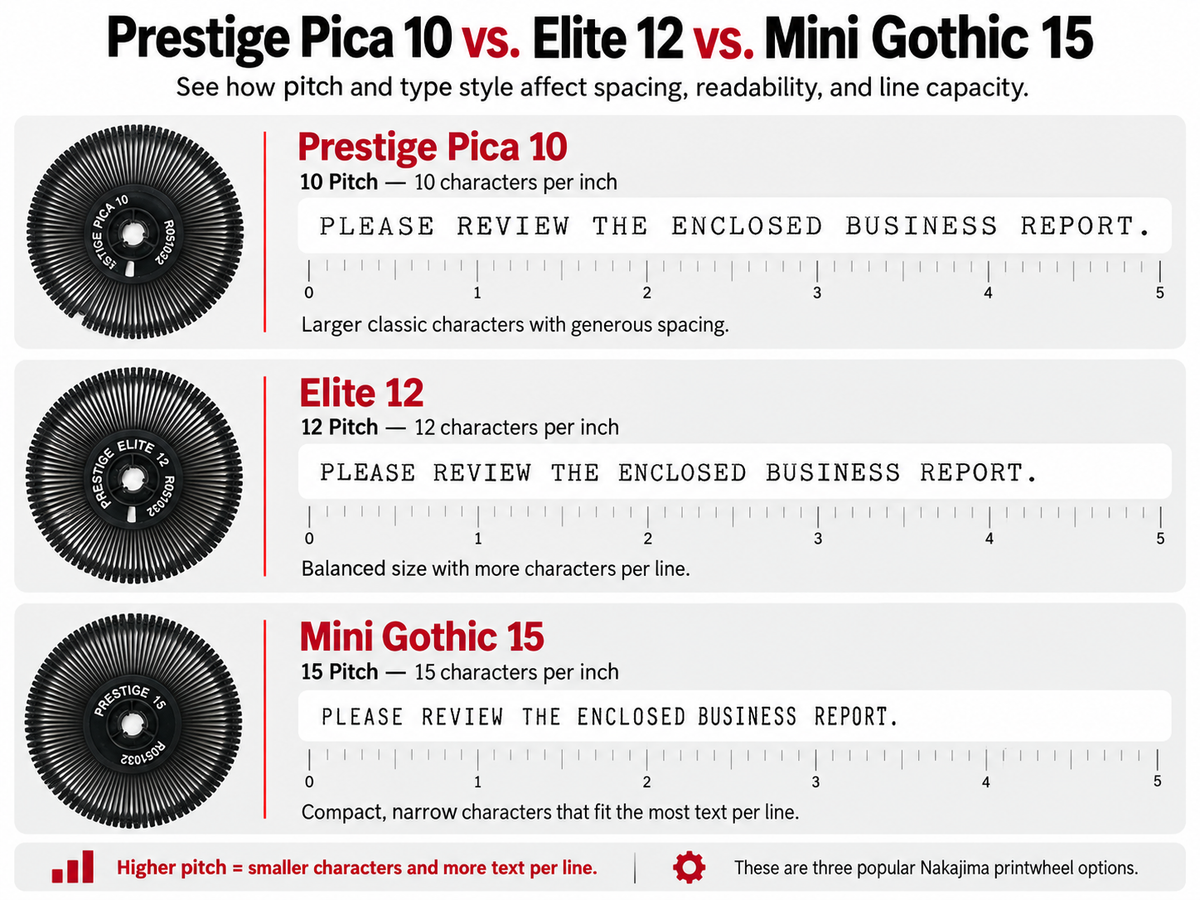 Nakajima typewriter printwheel comparison illustrating Prestige Pica 10, Elite 12, and Mini Gothic 15 character spacing and pitch differences