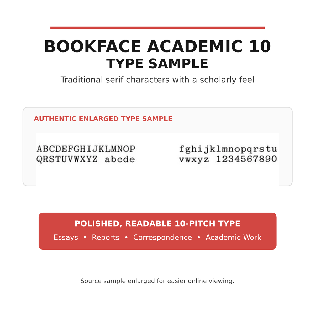 Enlarged Bookface Academic 10 type sample showing uppercase and lowercase serif letters and numbers.