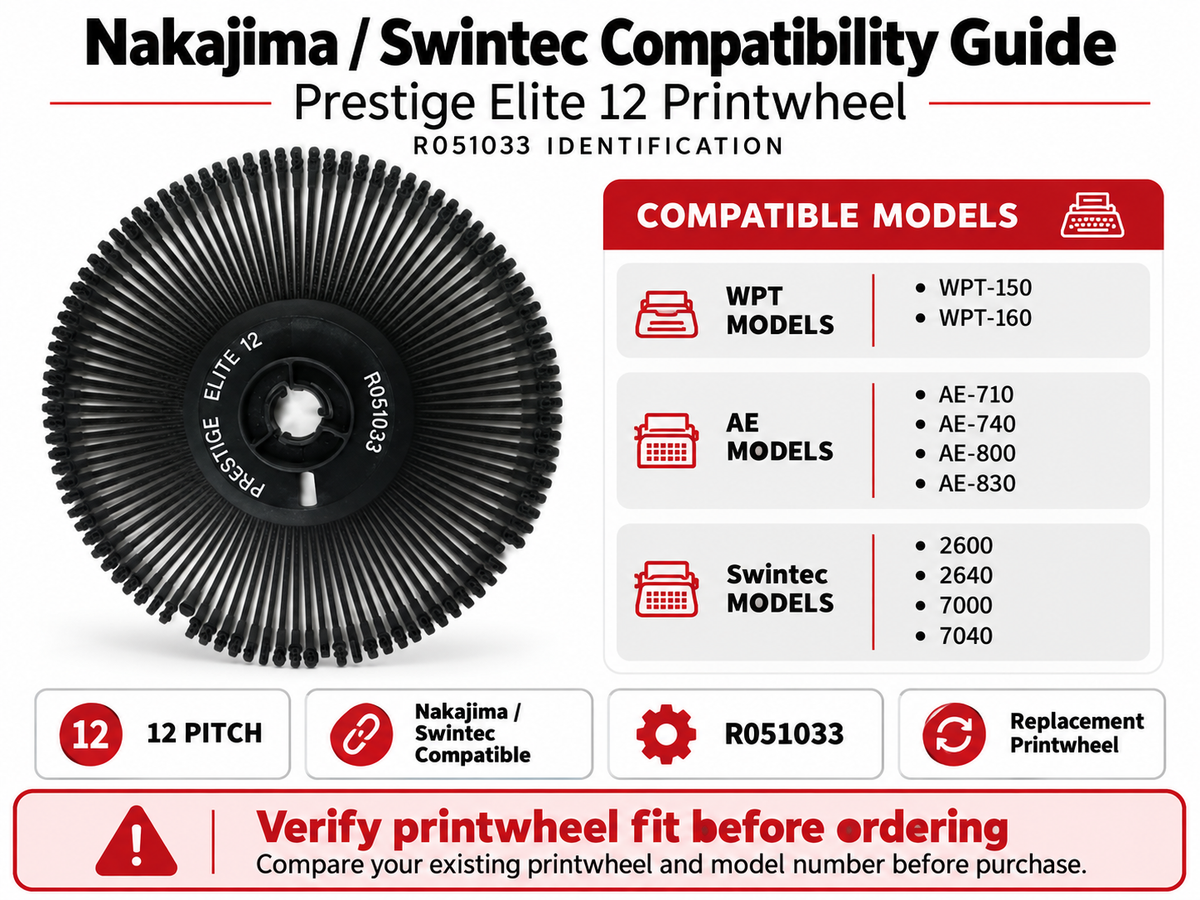 Nakajima Swintec Prestige Elite 12 R051033 printwheel compatibility guide featuring WPT-150, WPT-160, AE-series, and supported Swintec typewriters