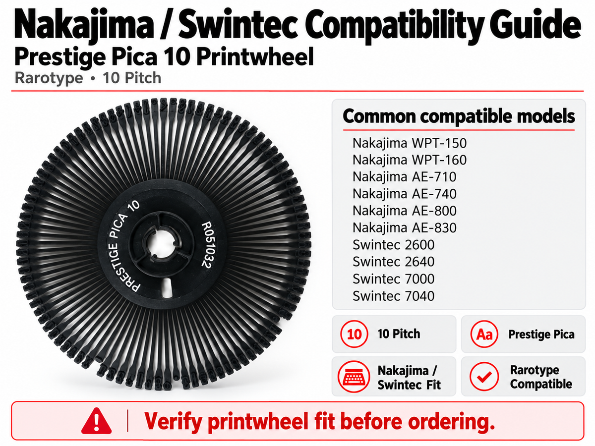 Nakajima Swintec Prestige Pica 10 printwheel compatibility guide featuring WPT-150, WPT-160, AE series, and compatible Swintec models