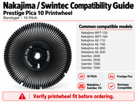 Nakajima Swintec Prestige Pica 10 printwheel compatibility guide featuring WPT-150, WPT-160, AE series, and compatible Swintec models