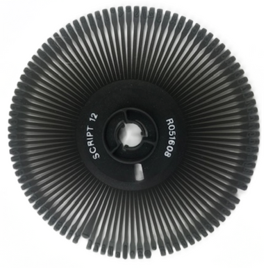Black Rarotype-compatible Nakajima/Swintec Script 12 typewriter printwheel, front view