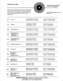 Rarotype printwheel typestyle guide showing Pica, Elite, Prestige, Bookface, Toronto and Courier styles