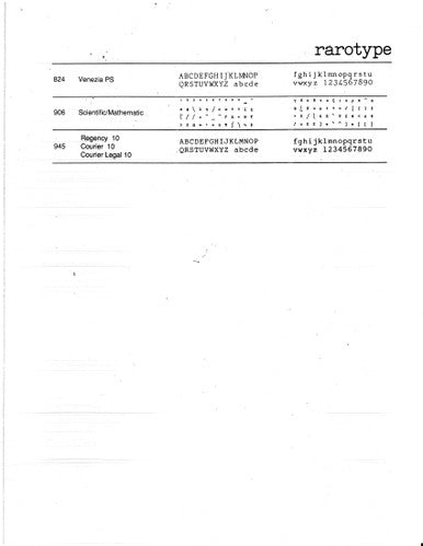 Rarotype printwheel typestyle guide showing Venezia PS, Scientific Mathematical and Regency styles