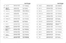 Rarotype printwheel typestyle reference chart with typeface names, character samples and pitch options