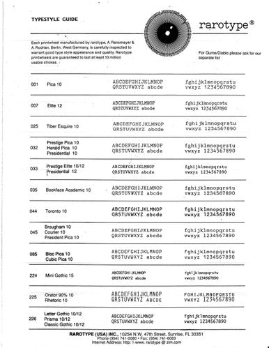 Rarotype printwheel typestyle reference guide showing typeface names, pitch options, and character samples