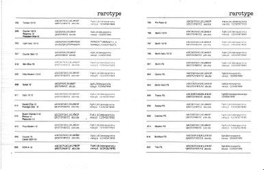 Rarotype printwheel typestyle reference chart showing multiple typeface and pitch samples