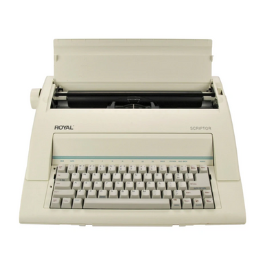 Royal Scriptor 69149V portable electronic typewriter front view with paper support open and keyboard visible