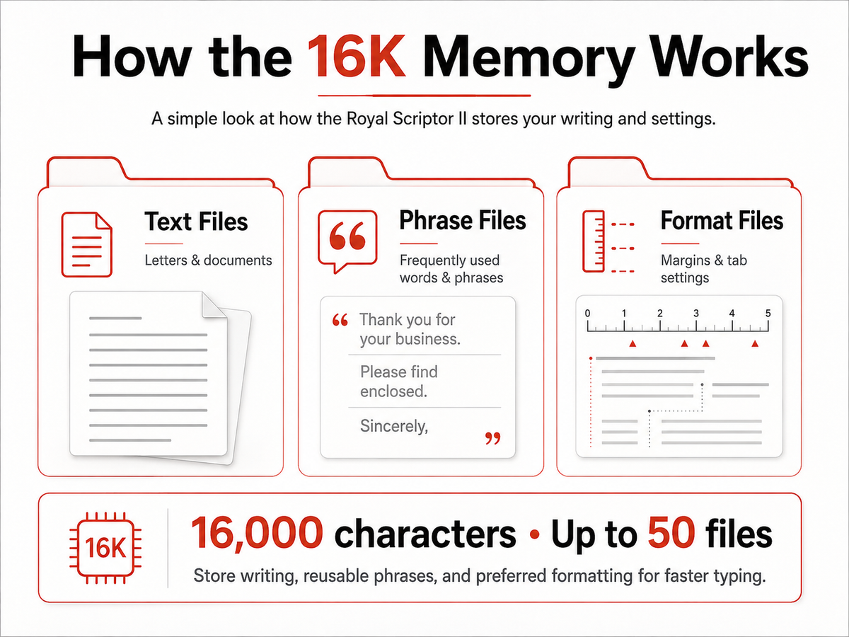 Royal Scriptor II 16K memory graphic explaining text files, phrase files, format files, and storage for up to 50 files