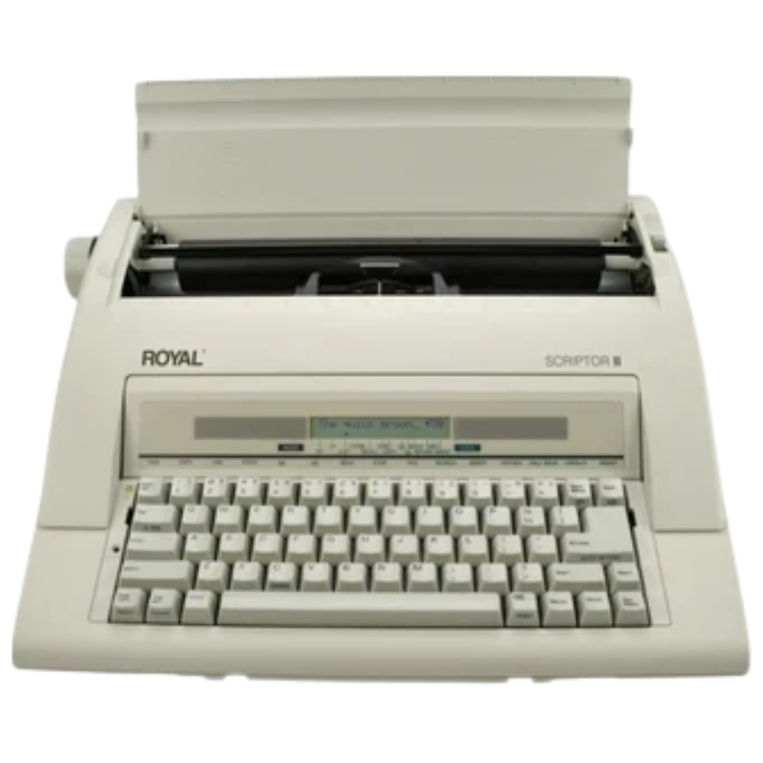 Royal Scriptor II 69147T electronic typewriter front view with paper support open and LCD keyboard visible