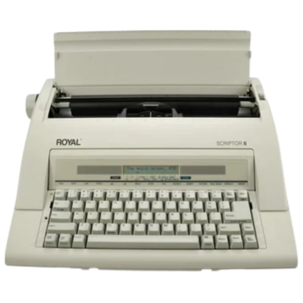 Royal Scriptor II 69147T electronic typewriter front view with paper support open and LCD keyboard visible