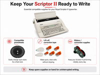Royal Scriptor II compatible supplies guide showing typewriter printwheel, ink ribbon, lift-off correction tape, and correction supplies