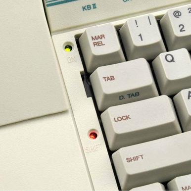 Close-up of Royal Scriptor II keyboard showing margin release, tab, lock, shift keys and status indicator lights
