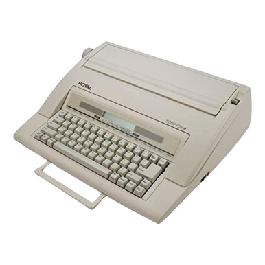 Royal Scriptor II electronic typewriter with top cover closed and built-in carrying handle extended