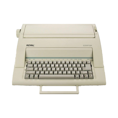 Royal Scriptor electronic typewriter with top cover closed and built-in carrying handle extended
