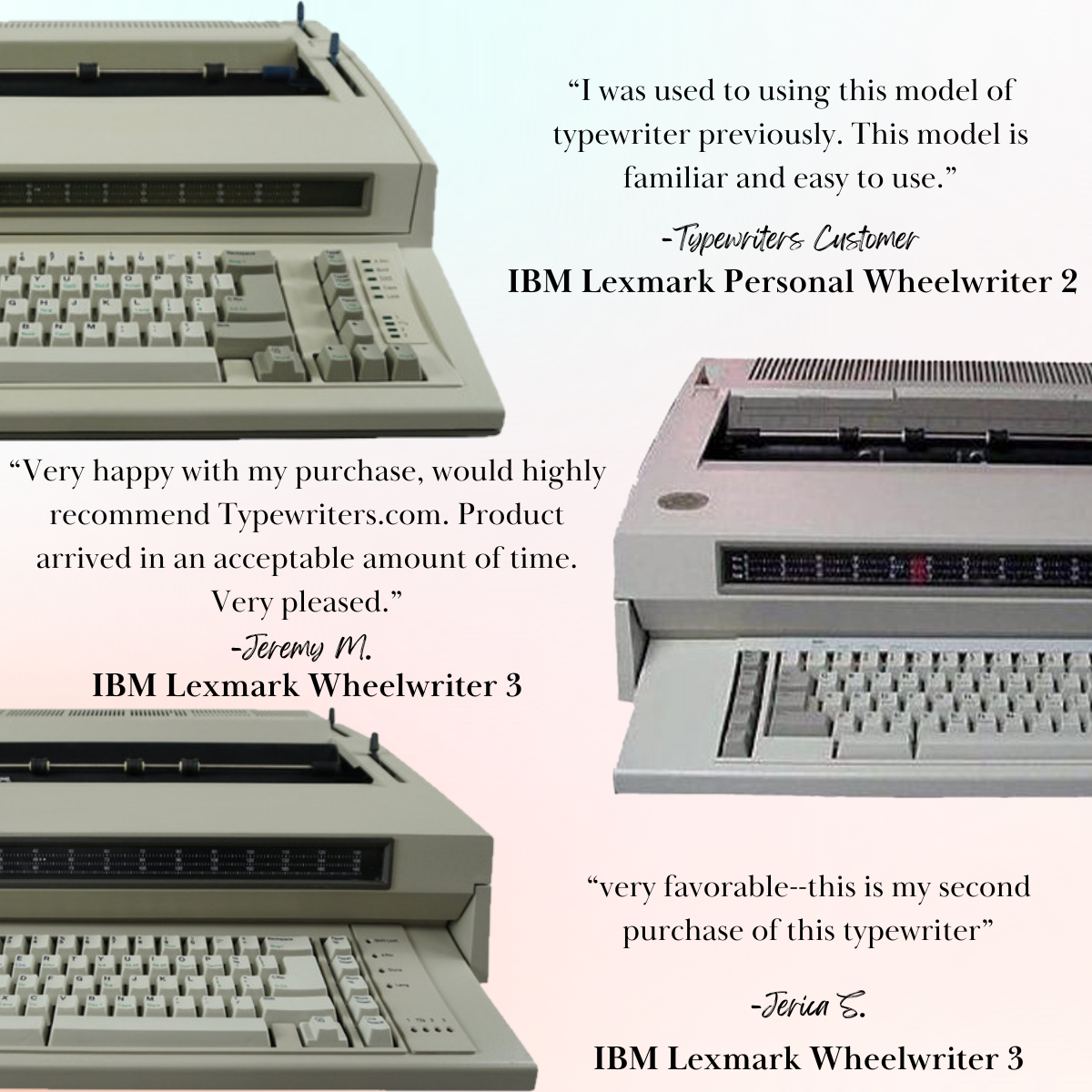 Review collage featuring IBM Wheelwriter 2 and Wheelwriter 3 customer comments